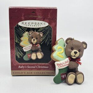 Vintage Hallmark Babys Second Christmas Teddy Bear Tree Ornament Brown 1997